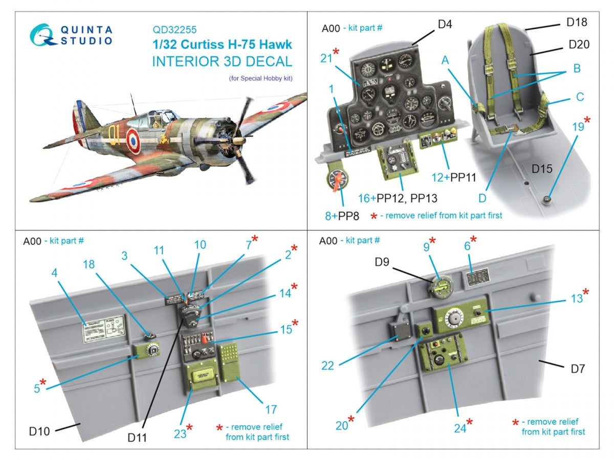 Quinta Studio QD32255 Curtiss H-75 Hawk 3D-Printed &amp;amp; coloured Interior on decal paper (Special Hobby) 1/32 – zdjęcie 2