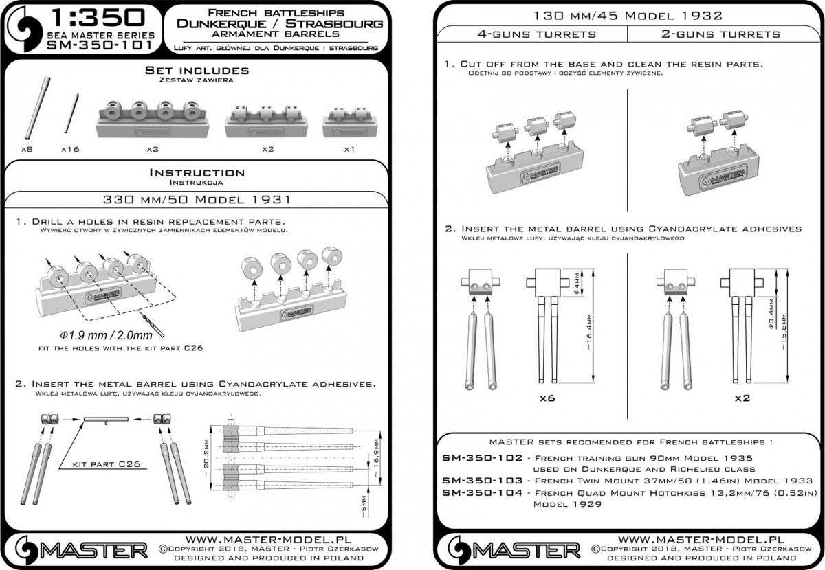 Armement du cuirassé Dunkerque/Strasbourg Master SM-350-101 – Canons de 330 mm (8 pièces), canons de 130 mm (16 pièces) avec éléments en résine pour le montage des canons (1/350) – image 6