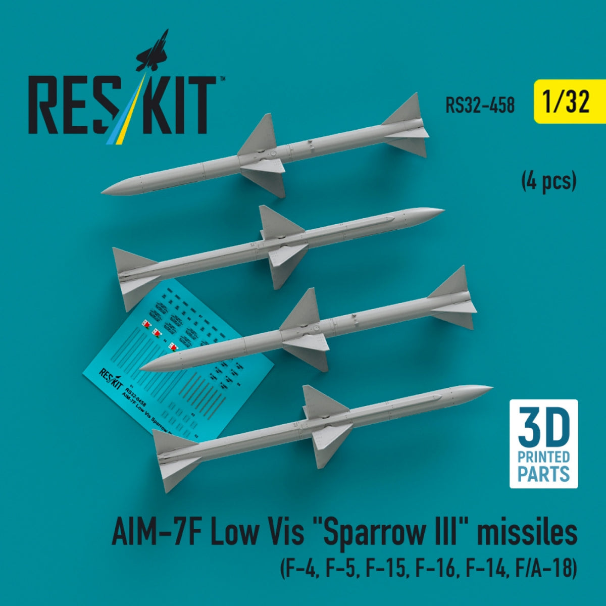 RESKIT RS32-0458 AIM-7F Low Vis &amp;quot;Sparrow III&amp;quot; missiles (4 pcs) (3D Printed) 1/32