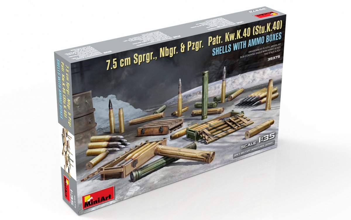 MiniArt 35375 7.5 cm Sprgr., Nbgr. &amp;amp; Pzgr. Patr. Kw.K.40 (Stu.K.40) SHELLS WITH AMMO BOXES 1/35 – zdjęcie 5