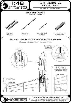 Master AM-48-146 Do 335 A – zestaw detali – MG 151, antena FuG 25a, rurka Pitota 1/48 – imagen 3
