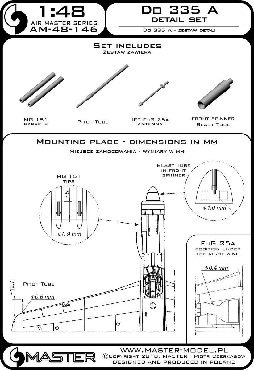 Master AM-48-146 Do 335 A – zestaw detali – MG 151, antena FuG 25a, rurka Pitota 1/48 – imagen 3
