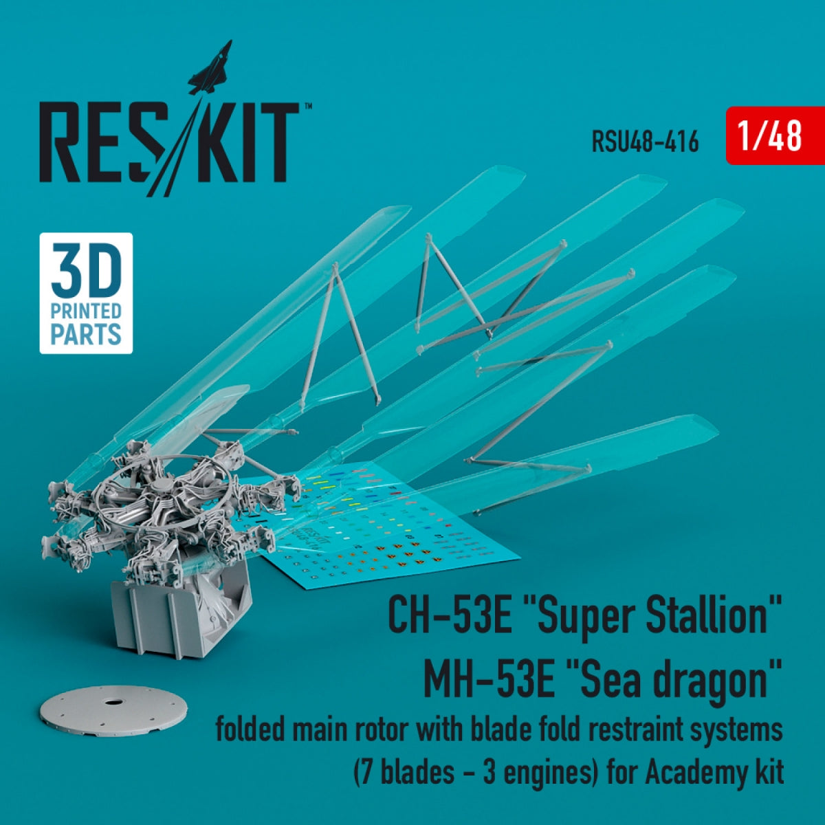 RESKIT RSU48-0416 CH-53E &amp;quot;Super Stallion&amp;quot;, MH-53E &amp;quot;Sea dragon&amp;quot; folded main rotor with blade fold restraint systems (7 blades - 3 engines) for Academy kit (3D printed) 1/48