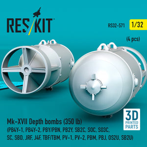 RESKIT RS32-0571 Mk-XVII Depth bombs (350 lb) (4 pcs) (PB4Y-1, PB4Y-2, PBY/PBN, PB2Y, SB2C, SOC, SO3C, SC, SBD, JRF, J4F, TBF/TBM, PV-1, PV-2, PBM, PBJ, OS2U, SB2U) (3D Printed) 1/32