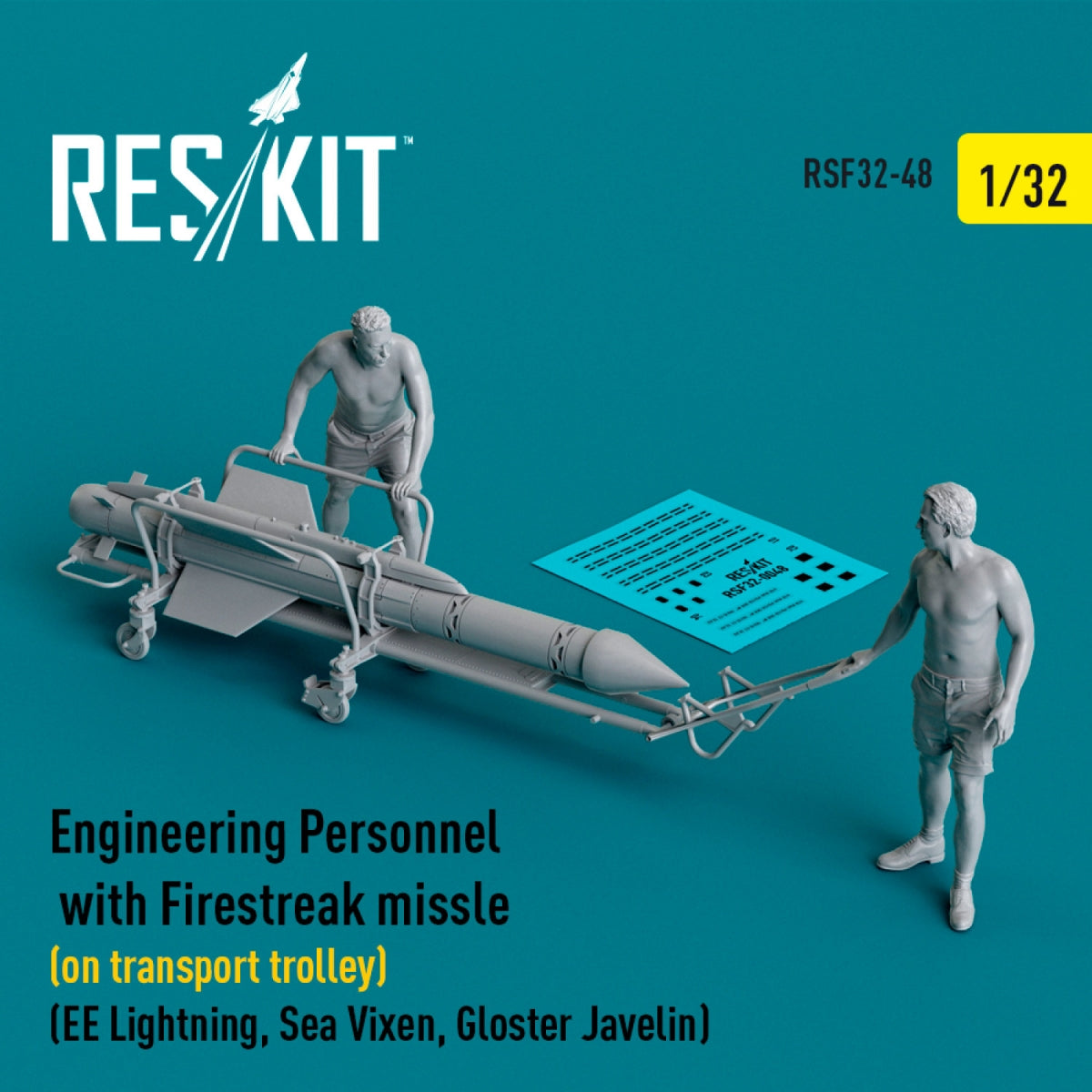 RESKIT RSF32-0048 Engineering Personnel with Firestreak missile (on transport trolley) (EE Lightning, Sea Vixen, Gloster Javelin) (3D Printed) 1/32 – zdjęcie 2
