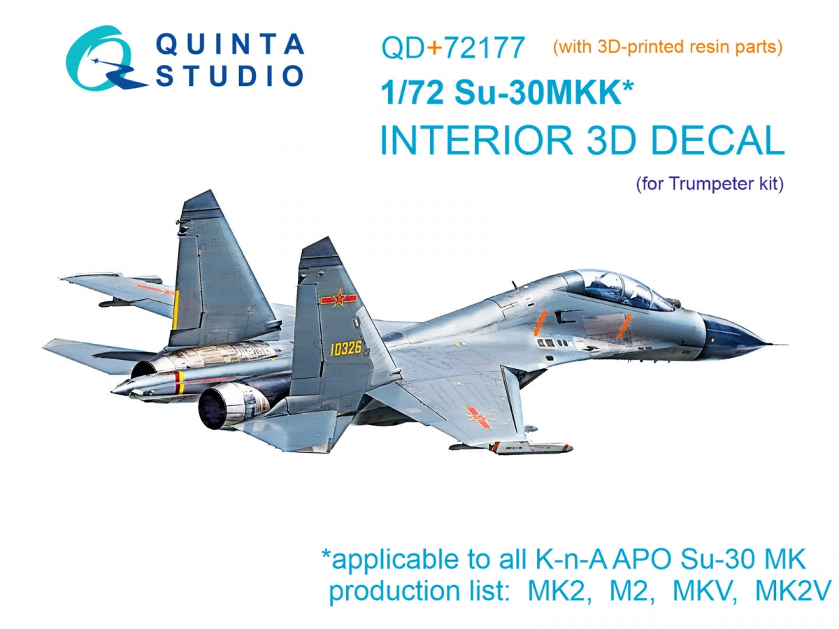 Quinta Studio QD+72177 Su-30MKK 3D-Printed &amp;amp; coloured Interior on decal paper (Trumpeter) (with 3D-printed resin part) 1/72