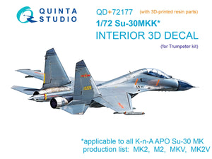 Quinta Studio QD+72177 Su-30MKK 3D-Printed &amp;amp; coloured Interior on decal paper (Trumpeter) (with 3D-printed resin part) 1/72