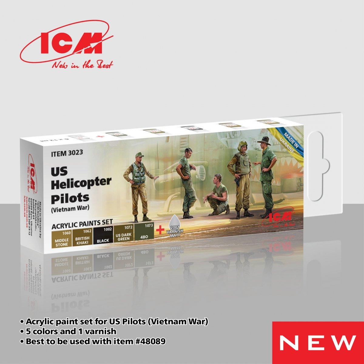 ICM 3023 Acrylic Paint Set for US Helicopter Pilots (Vietnam War) 5x12ml + Maat Varnish
