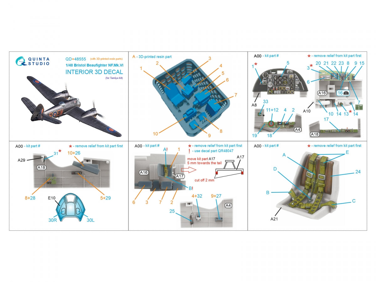 Quinta Studio QD+48555 Bristol Beaufighter NF.Mk.VI 3D-Printed &amp;amp; coloured Interior on decal paper (Tamiya) (with 3D-printed resin parts) 1/48 – zdjęcie 2