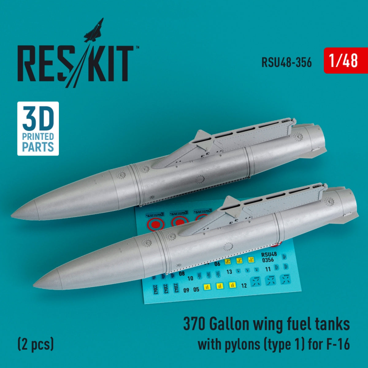 Réservoirs de carburant d'aile RESKIT RSU48-0356 de 370 gallons avec pylônes (type 1) pour F-16 (2 pièces) (Impression 3D) 1/48