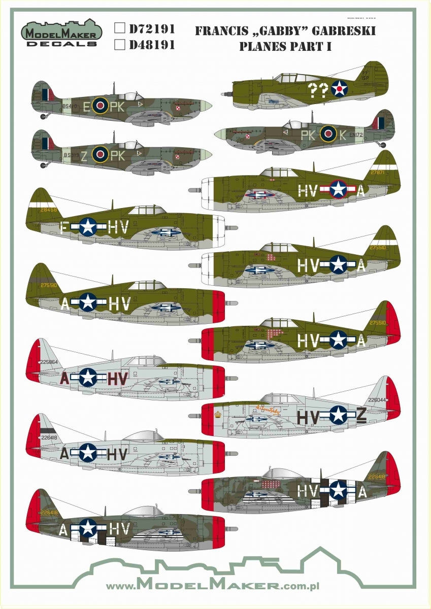 Décalcomanies ModelMaker D48191 Avions Francis « GABBY » Gabreski, partie I, échelle 1/48