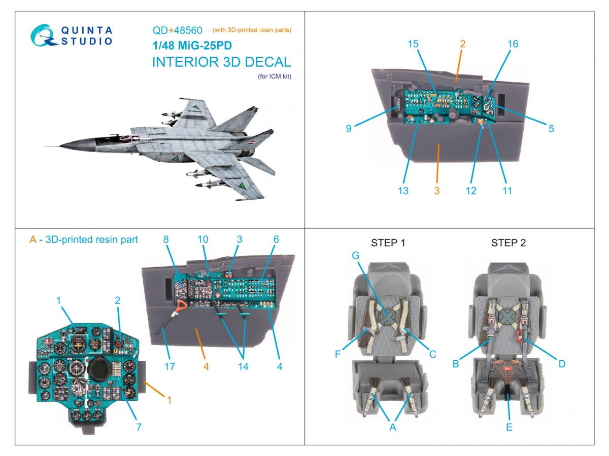Quinta Studio QD+48560 MiG-25PD 3D-Printed &amp;amp; coloured Interior on decal paper (ICM) (with 3D-printed resin parts) 1/48 – zdjęcie 14