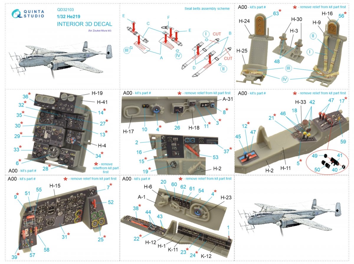 Quinta Studio QD32103 He 219 3D-Printed &amp;amp; colored Interior on decal paper ( ZM SWS ) 1/32 – image 2