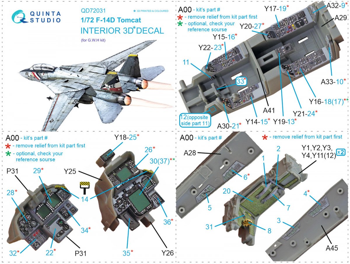 Quinta Studio QD72031 F-14D 3D-Printed &amp;amp; coloured Interior on decal paper (GWH) 1/72 – zdjęcie 11