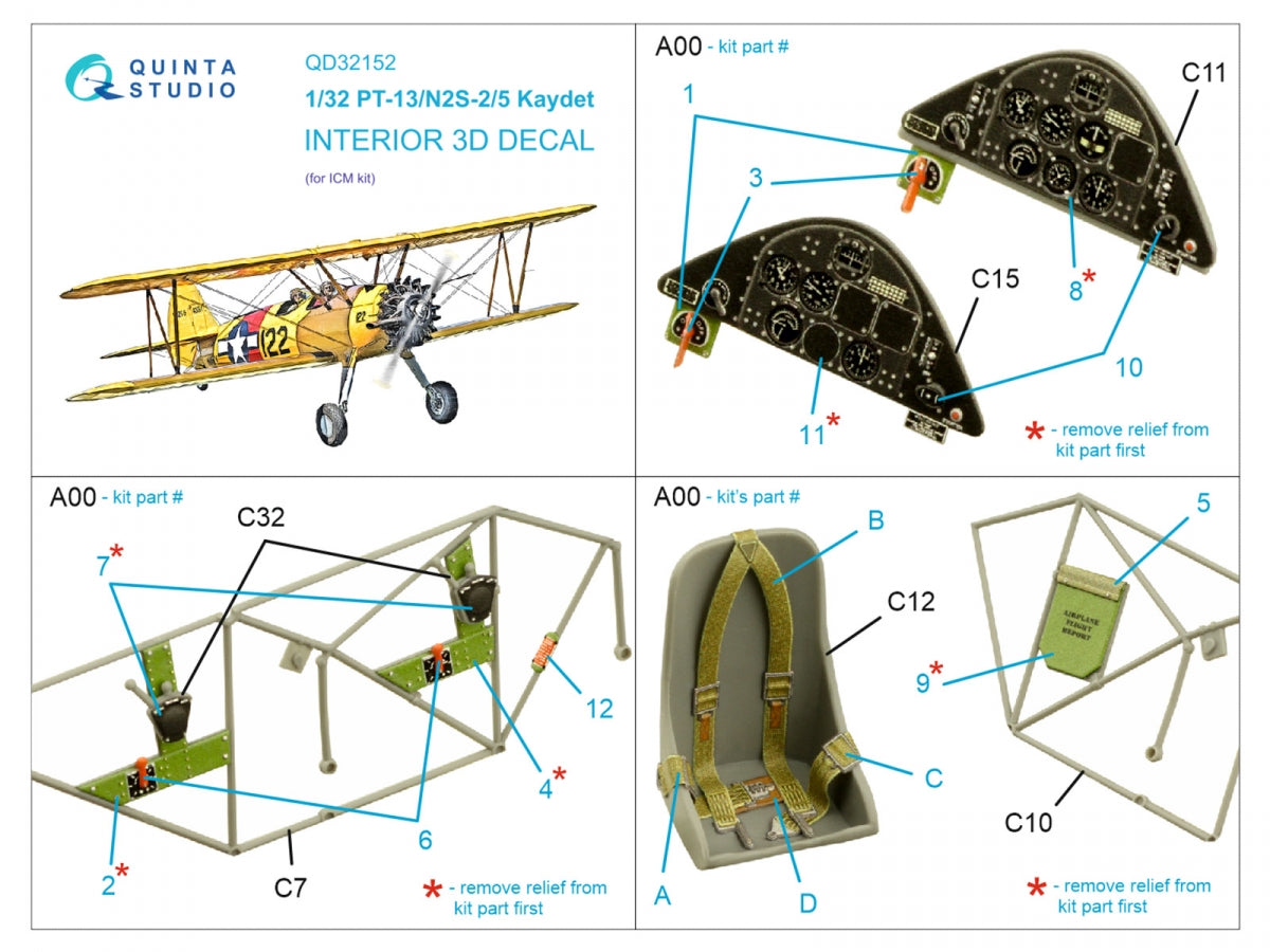 Quinta Studio QD32152 PT-13/N2S-2/5 Kaydet 3D-Printed &amp;amp; colored Interior on decal paper (ICM) 1/32 – image 2