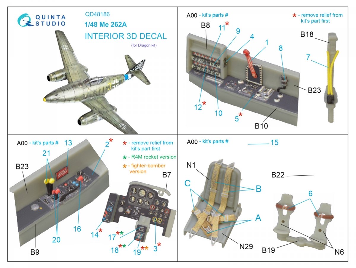 Quinta Studio QD48186 Me 262A 3D-Printed &amp;amp; coloured Interior on decal paper (for Dragon ) 1/48 – zdjęcie 2
