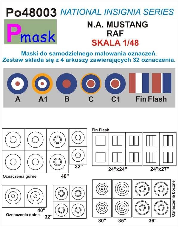 P-Mask PO48003 MASKI DO MALOWANIA OZNACZEŃ N.A. MUSTANG RAF 1/48