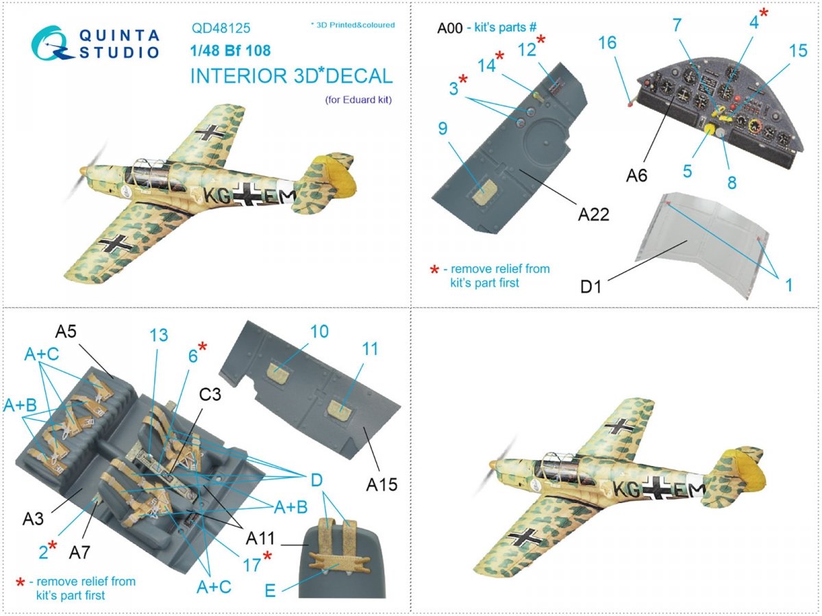 Quinta Studio QD48125 Bf108 3D-Printed &amp;amp; coloured Interior on decal paper (Eduard) 1/48 – zdjęcie 12