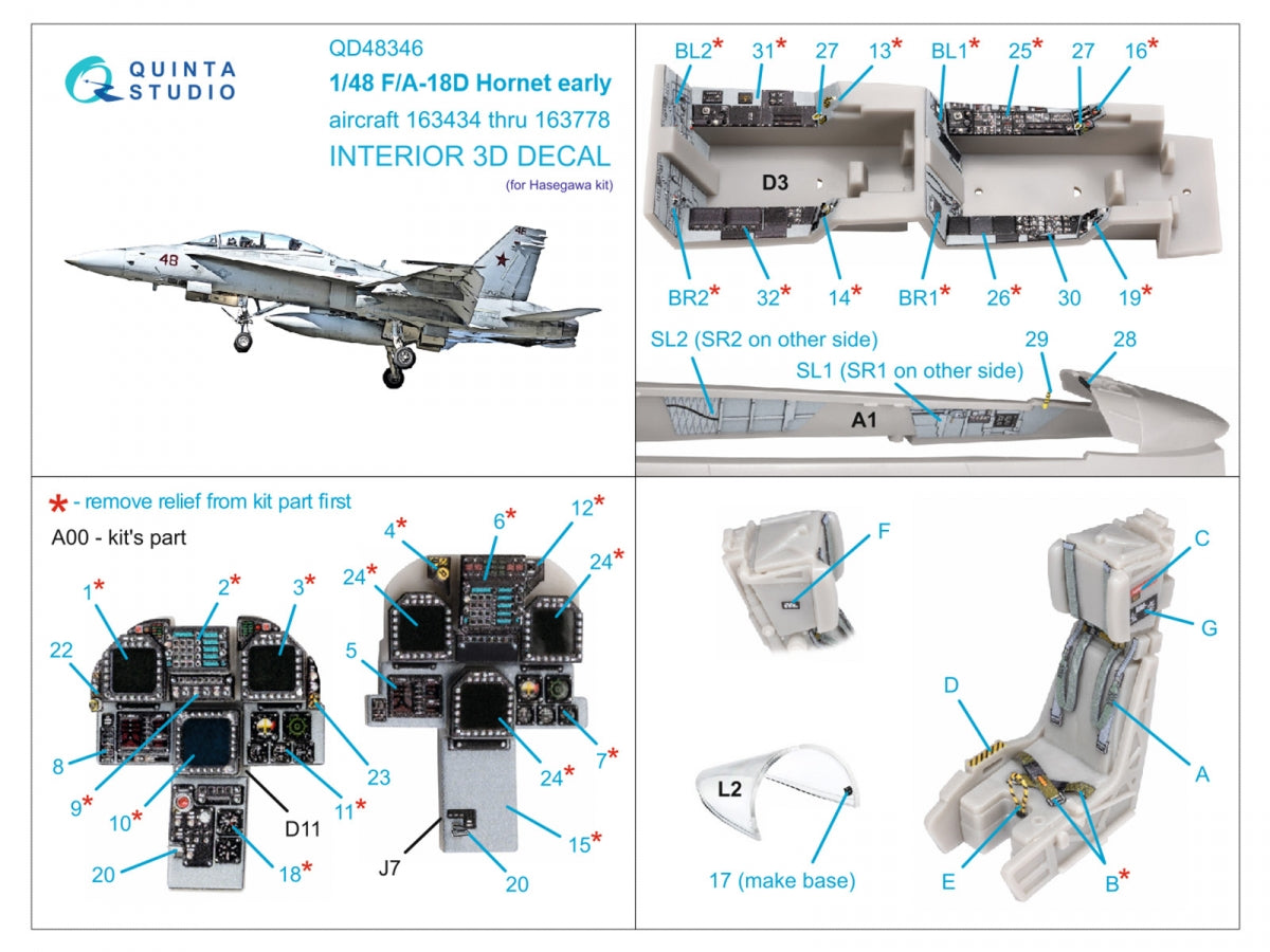 Quinta Studio QD48346 FA-18D early 3D-Printed &amp;amp; colored Interior on decal paper (Hasegawa) 1/48 – image 2