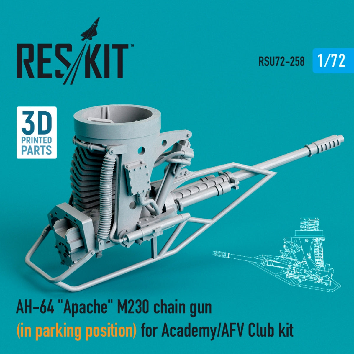 RESKIT RSU72-0258 AH-64 "APACHE" M230 CHAIN GUN (IN PARKING POSITION) FOR ACADEMY / AFV CLUB KIT (3D PRINTED) 1/72