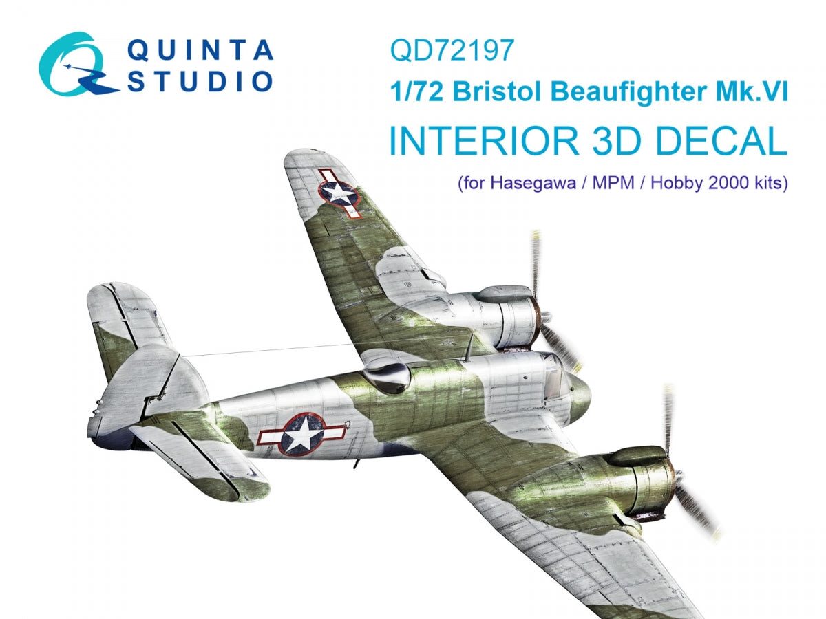 Quinta Studio QD72197 Bristol Beaufighter Mk.VI 3D-Printed & coloured Interior on decal paper (Hasegawa/MPM/Hobby2000) 1/72