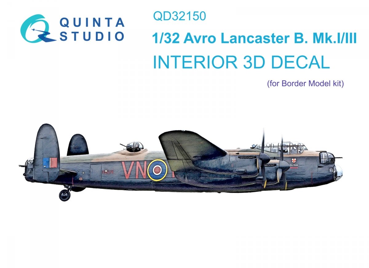 Intérieur imprimé en 3D et coloré sur papier décalcomanie Quinta Studio QD32150 Avro Lancaster B. Mk.I/III (Border Model) à l'échelle 1/32