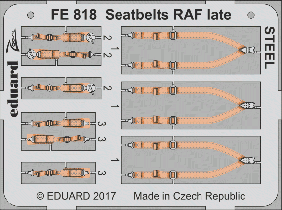 Ceintures de sécurité Eduard FE818 RAF (fin de série) en acier, échelle 1/48