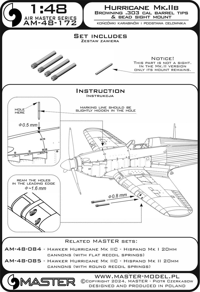 Master AM-48-172 Hawker Hurricane Mk.IIb - końcówki luf Browning .303 oraz podstawa celownika 1/48 – zdjęcie 2