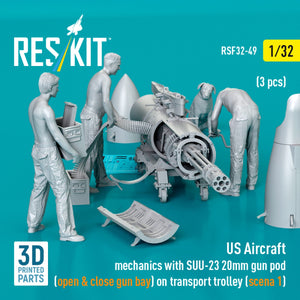 RESKIT RSF32-0049 US Aircraft mechanics with SUU-23 20mm gun pod (open &amp; close gun bay) on transport trolley (scene 1) (3 pcs) (3D Printed) 1/32