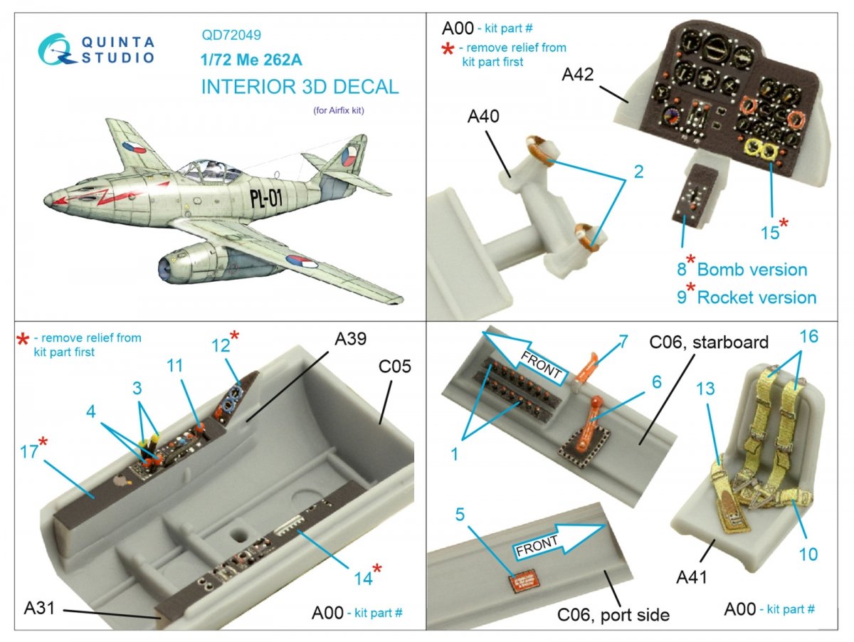 Quinta Studio QD72049 Me-262A 3D-Printed &amp;amp; coloured Interior on decal paper (Airfix) 1/72 – zdjęcie 2