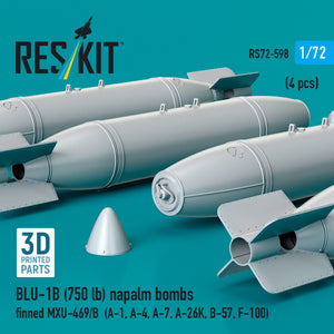 RESKIT RS72-0598 BLU-1B (750lb) napalm bombs finned MXU-469/B (4 pcs) (A-1, A-4, A-7, A-26K, B-57, F-100) (3D Printed) 1/72