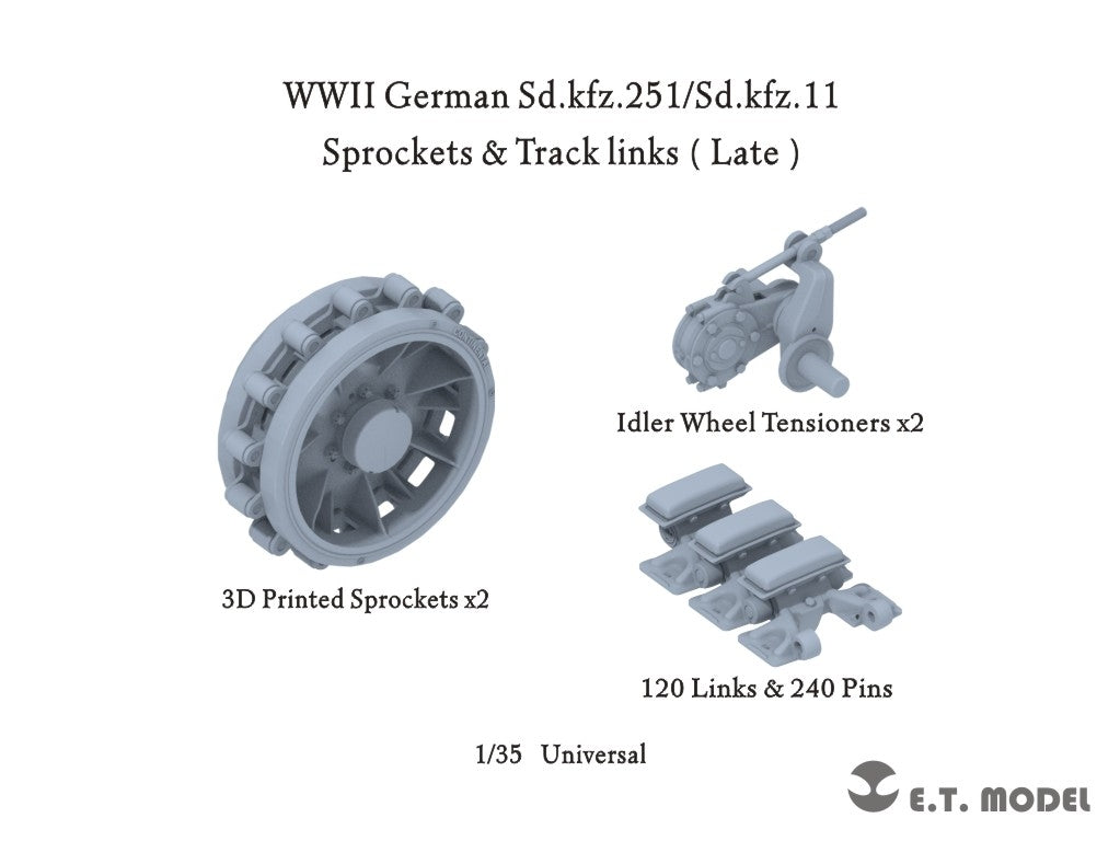 E.T. Model P35-406 WWII German Sd.kfz.251/Sd.kfz.11 Track links & Sprockets Late 3d Printed 1/35