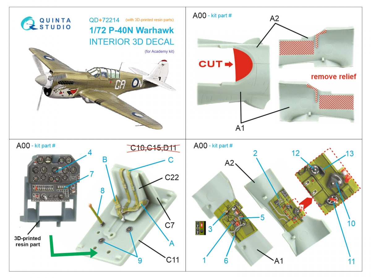 Quinta Studio QD+72214 P-40N Warhawk 3D-Printed &amp;amp; coloured Interior on decal paper (Academy) (with 3D-printed resin parts) 1/72 – zdjęcie 11
