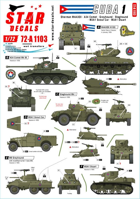 Star Decals 72-A1103 Tanks &amp;amp; AFVs in Cuba # 1. M4A3E8 Sherman, A34 Comet, Staghound, Greyhound, M3A1 White Scout Car, M3A1 Stuart. 1/72