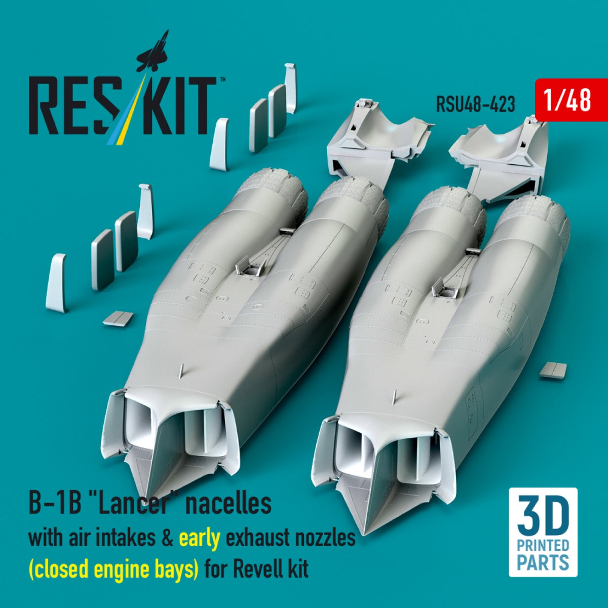 RESKIT RSU48-0423 B-1B "Lancer" nacelles with air intakes &amp; early exhaust nozzles (сlosed engine bays) for Revell kit (3D Printed) 1/48