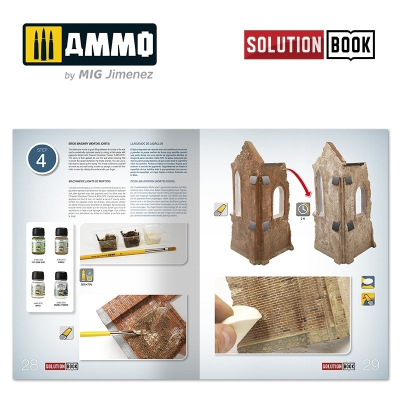 AMMO of Mig Jimenez 6510 How to Paint Brick Buildings. Colors &amp;amp; Weathering System Solution Book (Multilingual) – zdjęcie 4