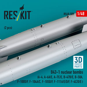 RESKIT RS48-0589 B43-1 nuclear bombs (2 pcs) (A-4, A-6A/E, A-7C/E, B-47B/E, B-58A, F-100D/F, F-104A/C, F-105D/F, F-111A/D/E/F, F-4C/D/E ) (3D Printed) 1/48