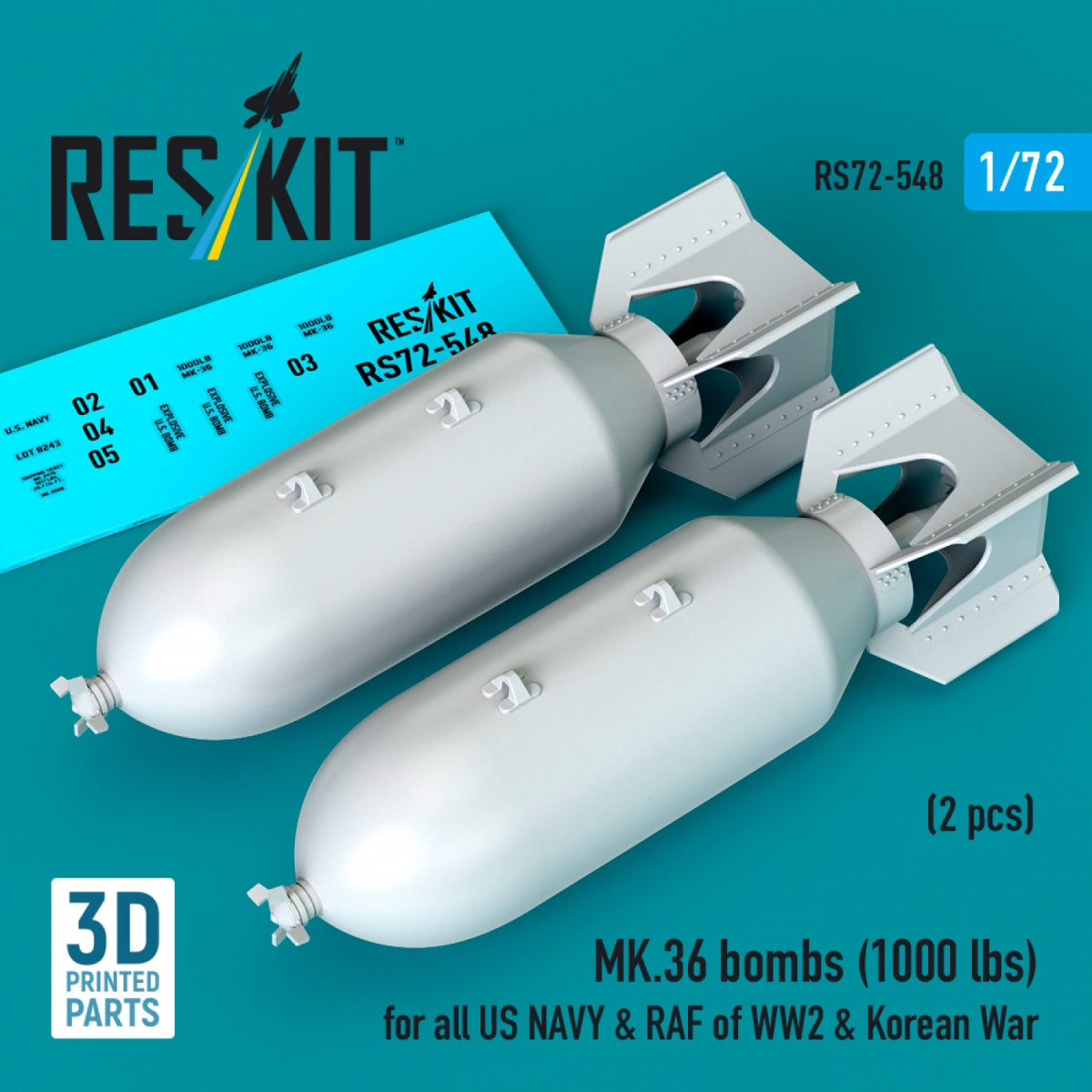 RESKIT RS72-0548 MK.36 bombs (1000 lbs) for all US NAVY &amp; RAF of WW2 &amp; Korean War (2 pcs) (3D Printed) 1/72