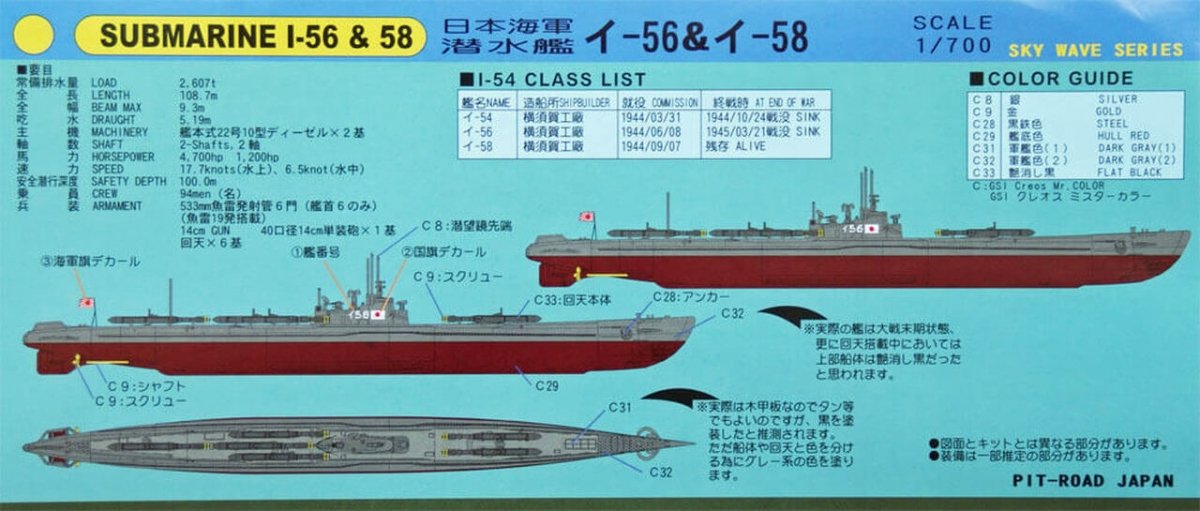 Pit-Road W122 IJN Submarine Type I-54 Class Submarine I-56 &amp;amp; I-58 1/700 – zdjęcie 2