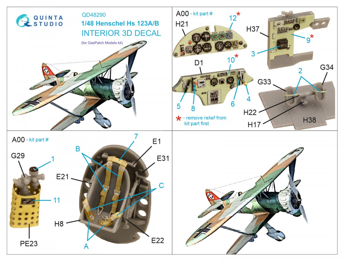 Quinta Studio QD48290 Henschel Hs 123A/B 3D-Printed &amp;amp; coloured Interior on decal paper (GasPatch models) 1/48 – zdjęcie 2