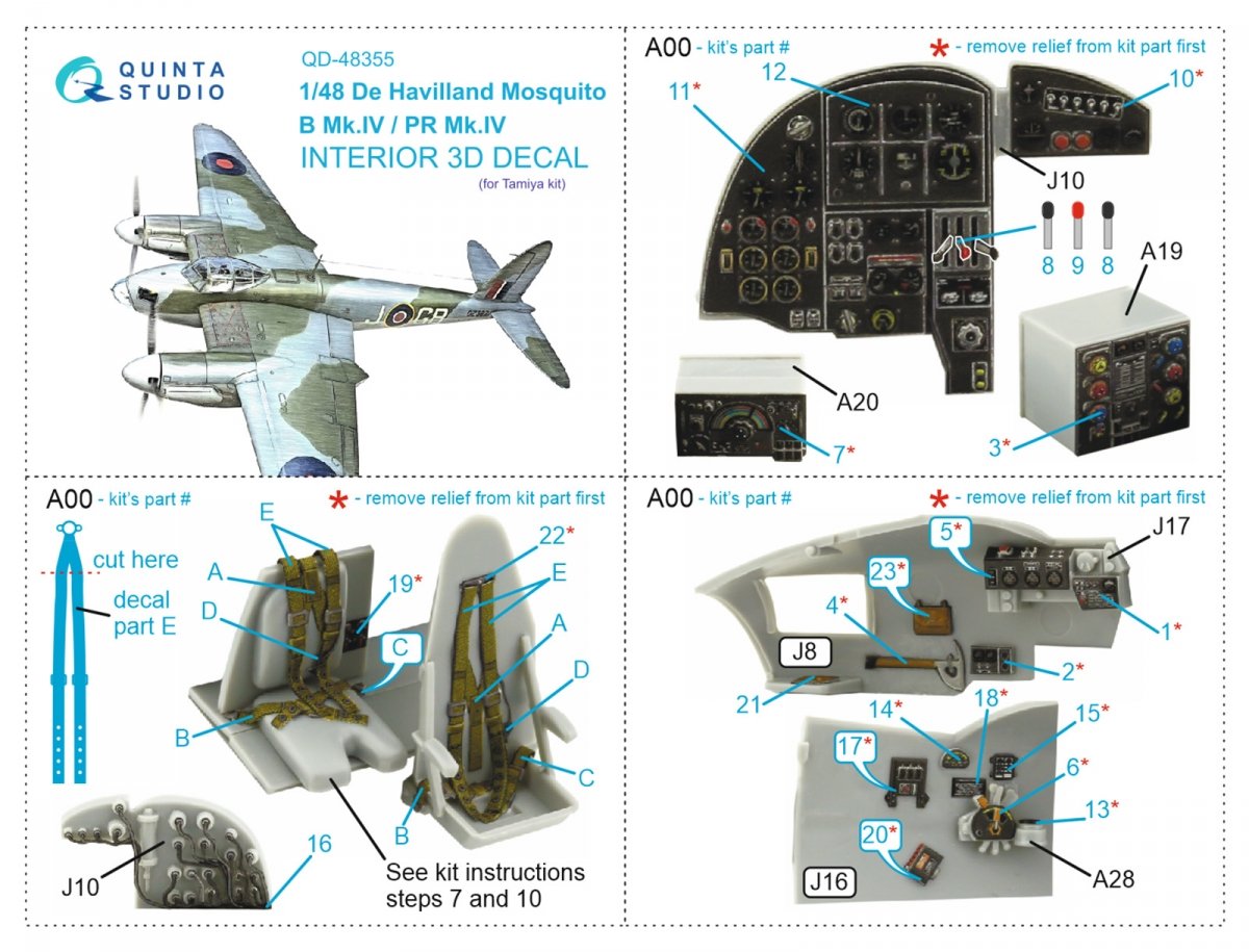 Quinta Studio QD48355 DH Mosquito B Mk.IV/PR Mk.IV 3D-Printed &amp;amp; coloured Interior on decal paper (Tamiya) 1/48 – immagine 7