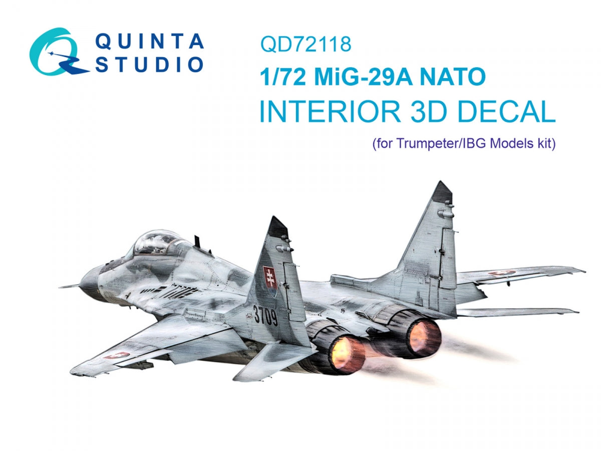 Quinta Studio QD72118 MiG-29A (NATO) 3D-Printed colored Interior on decal paper (Trumpeter/IBG Models) 1/72