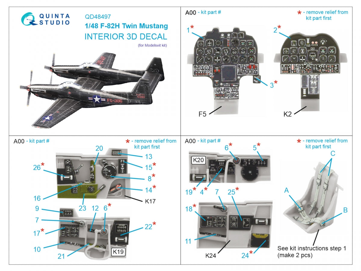 Quinta Studio QD48497 F-82H Twin Mustang 3D-Printed colored Interior on decal paper (Modelsvit) 1/48 – image 2