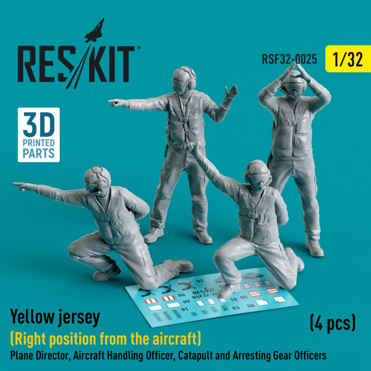 RESKIT RSF32-0025 YELLOW JERSEY (RIGHT POSITION FROM THE AIRCRAFT) PLANE DIRECTOR, AIRCRAFT HANDLING OFFICER, CATAPULT AND ARRESTING GEAR OFFICERS (4 PCS) (3D PRINTED) 1/32