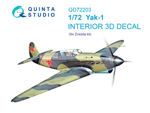 Quinta Studio QD72203 Yak-1 3D-Printed &amp;amp; coloured Interior on decal paper (Zvezda) 1/72