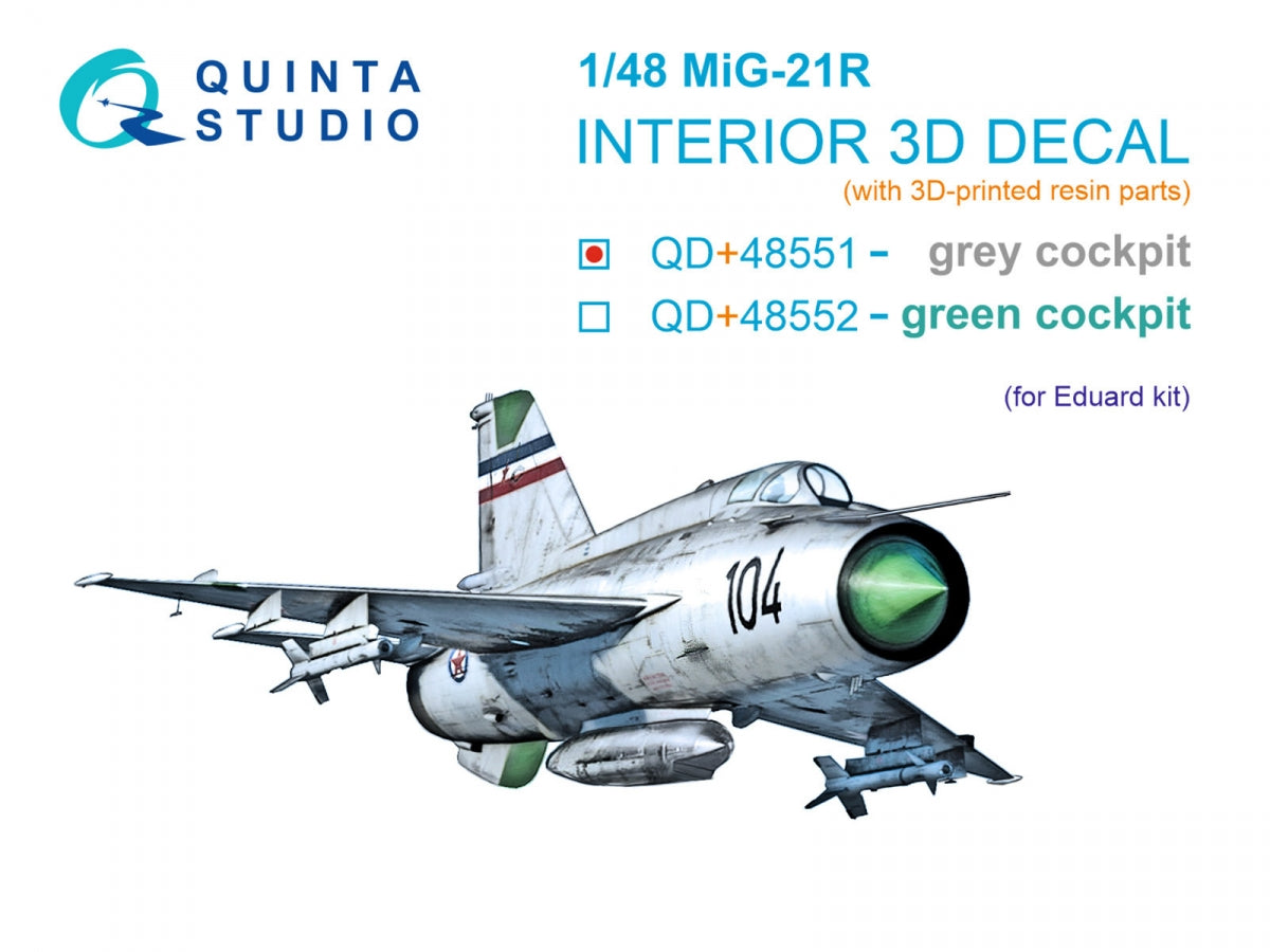 Quinta Studio QD+48551 MiG-21R (grey cockpit panels) 3D-Printed & coloured Interior on decal paper (Eduard) (with 3D-printed resin parts) 1/48