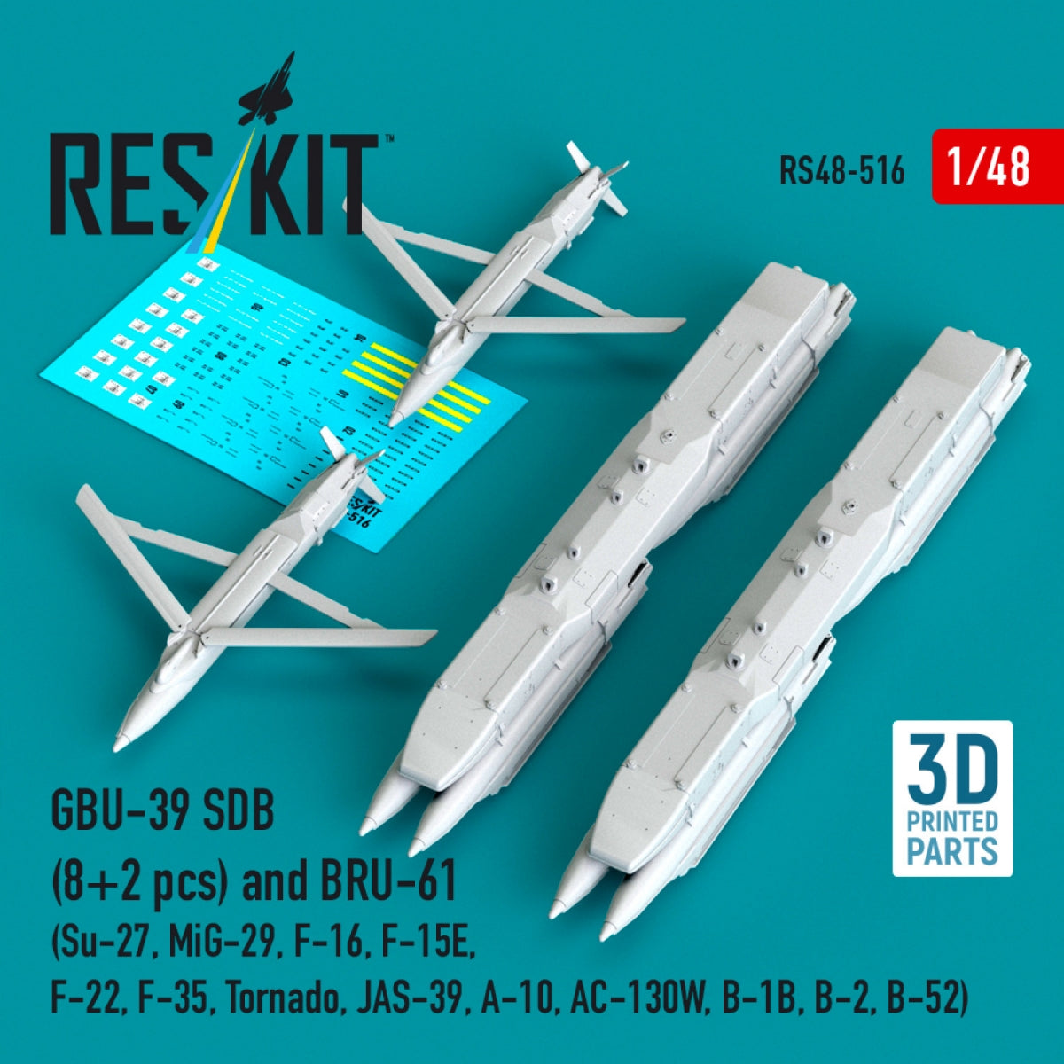 RESKIT RS48-0516 GBU-39 SDB (8 pcs) and BRU-61 (2 pcs) (Su-27, MiG-29, F-16, F-15E, F-22, F-35, Tornado, JAS-39, A-10, AC-130W, B-1B, B-2, B-52) (3D Printed) 1/48