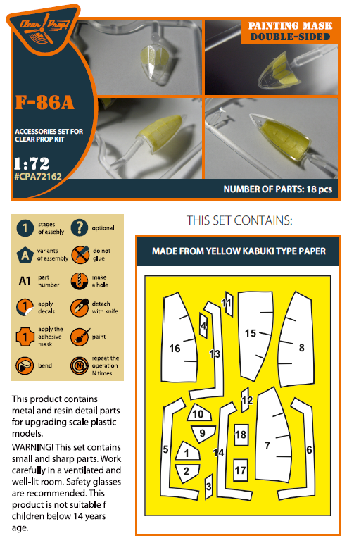 Clear Prop! CPA72162 F-86A double-sided painting mask on &amp;quot;yellow kabuki paper&amp;quot; for CP kits 1/72 – zdjęcie 2