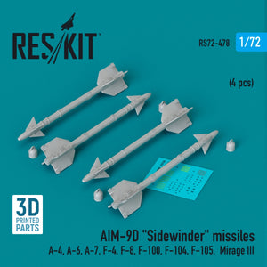 RESKIT RS72-0478 AIM-9D &amp;quot;Sidewinder&amp;quot; missiles (4 pcs) (3D Printed) 1/72