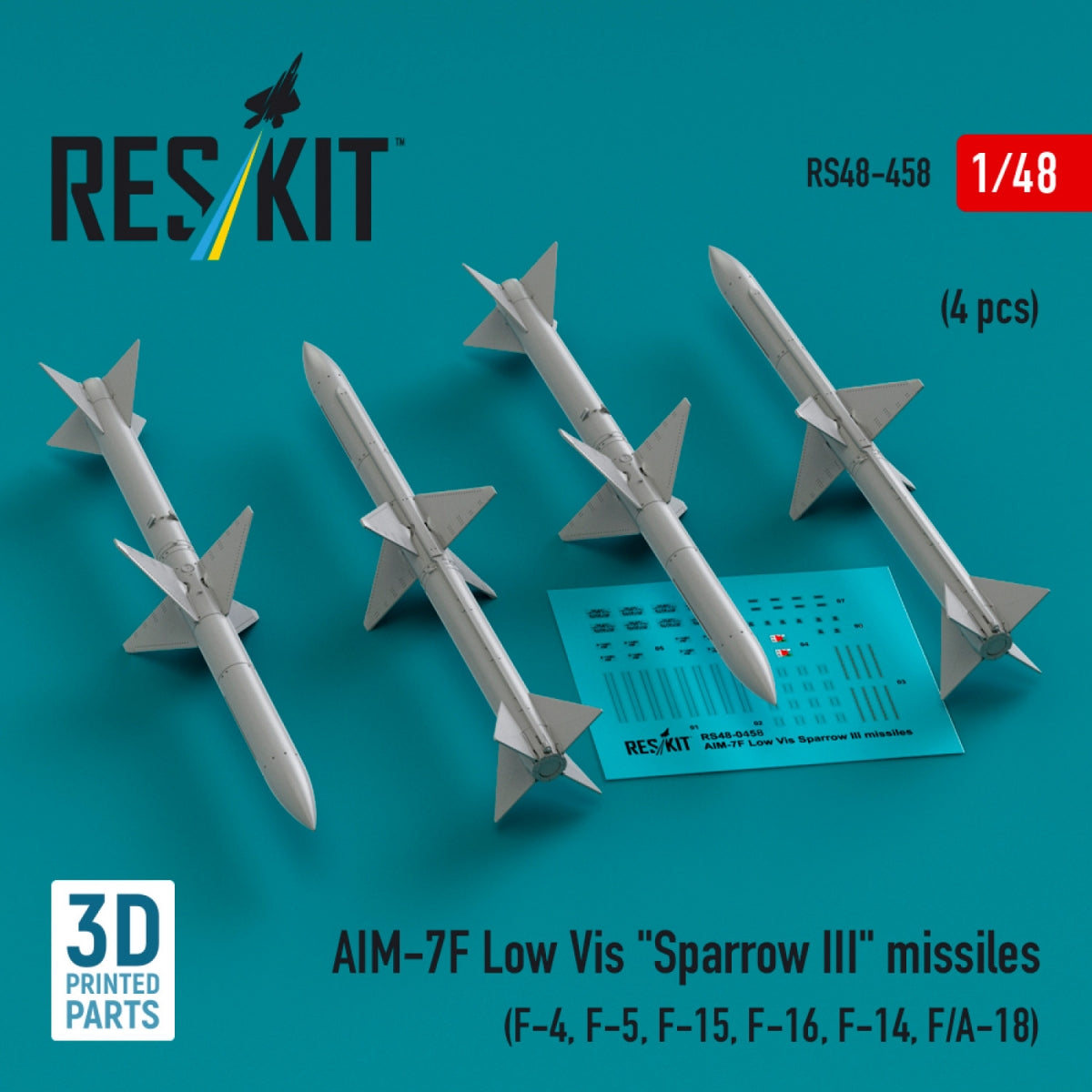 RESKIT RS48-0458 AIM-7F Low Vis "Sparrow III" missiles (4 pcs) (3D Printed) 1/48